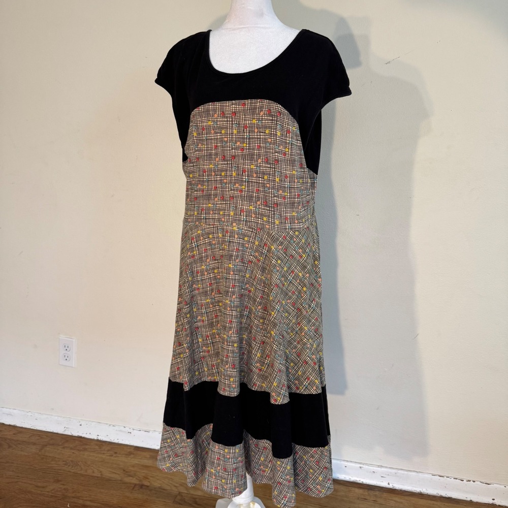 Effie's Heart Mixed Media Fit & Flare Midi Dress Black Grid Print Pockets XL